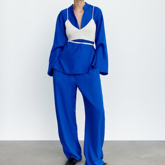 Zara blue flowy SET blouse and wide pants - Picture 2 of 8